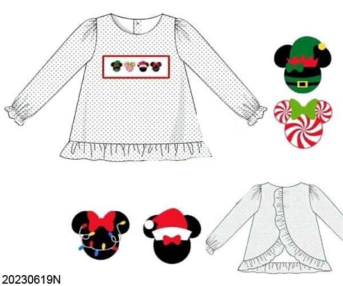 RTS: Shirt Only- Girls Smocked Merry Mouse Heads