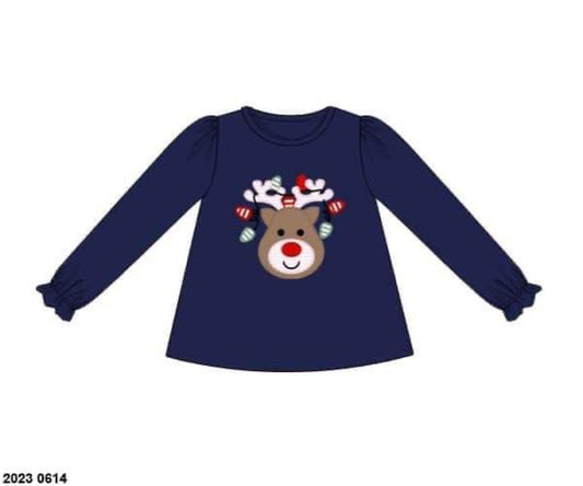 RTS: Shirt Only- Girls Reindeer Applique