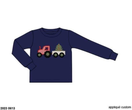 RTS: Shirt Only- Boys Christmas Tractor & Tree Applique