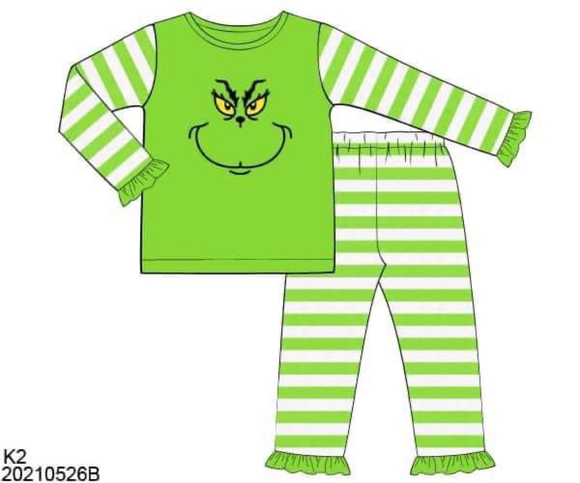RTS: Mean Face- Girls Lime Green Face Knit Pjs