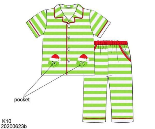 RTS: Mean Face- Unisex / Adult Green Stripe Knit Pjs
