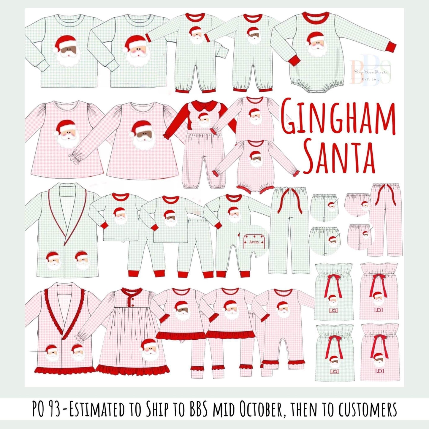 RTS: Sage & Pink Gingham White Santa Applique- Boys 2pc Knit Pjs