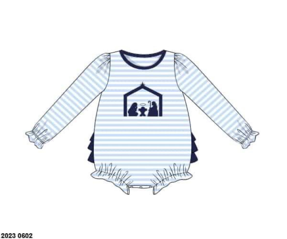 RTS: Nativity Applique- Girls Stripe Knit Bubble