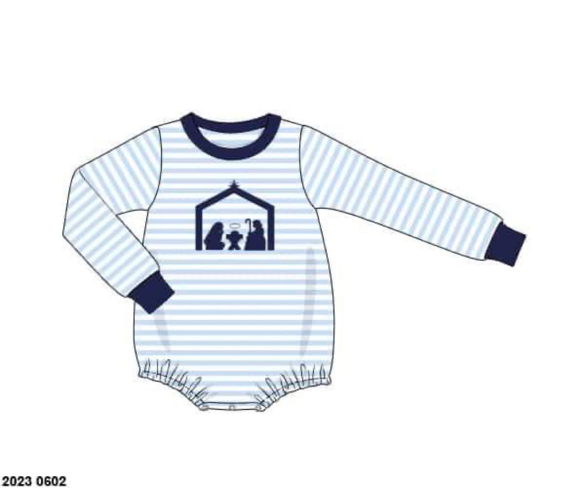 RTS: Nativity Applique- Boys Stripe Knit Bubble