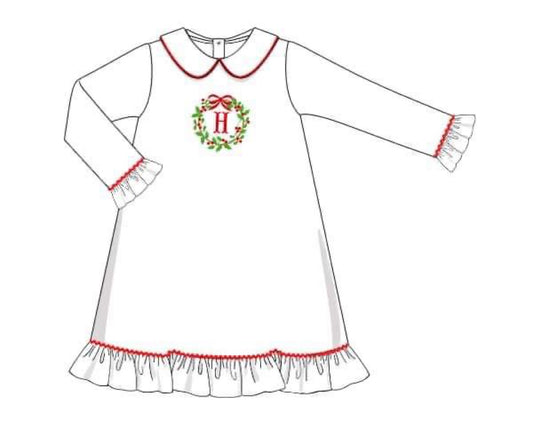 RTS: Red & White Pjs- Girls Wreath Knit Gown (No Monogram)