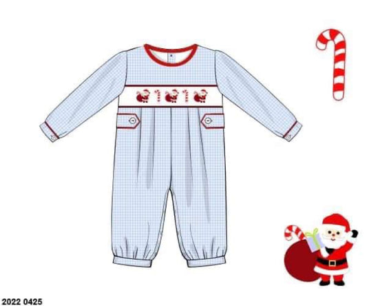 RTS: Smocked Santa & Candy Canes- Boys Woven Romper