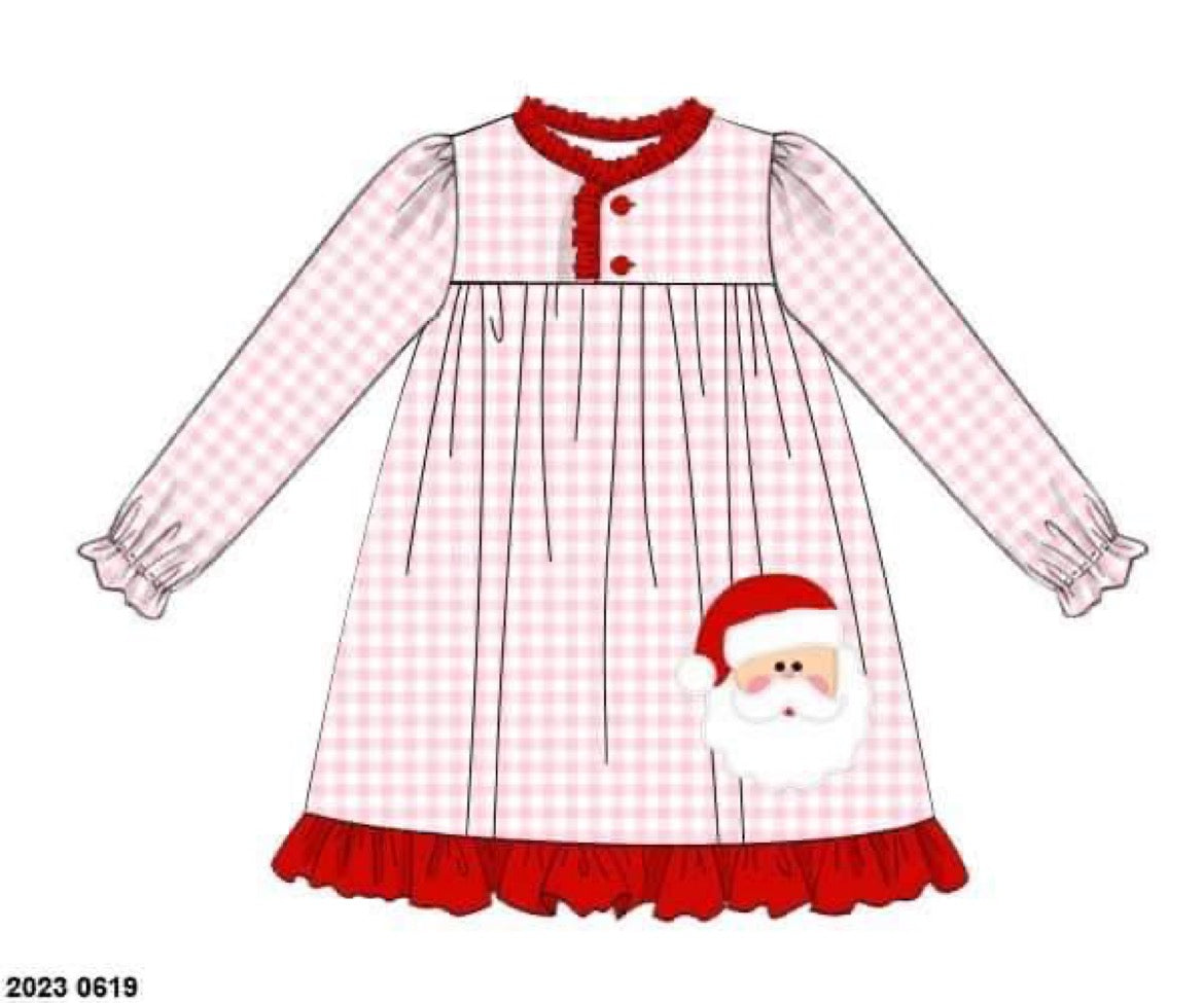 RTS: Sage & Pink Gingham Santa Applique- Girls White Santa Knit Gown
