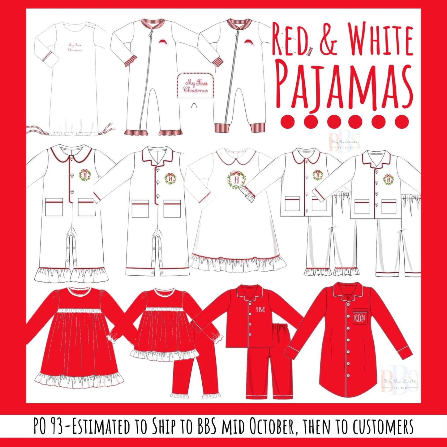 RTS: Red & White Pjs- Girls/Adult Wreath 2pc Pjs(No Monogram)
