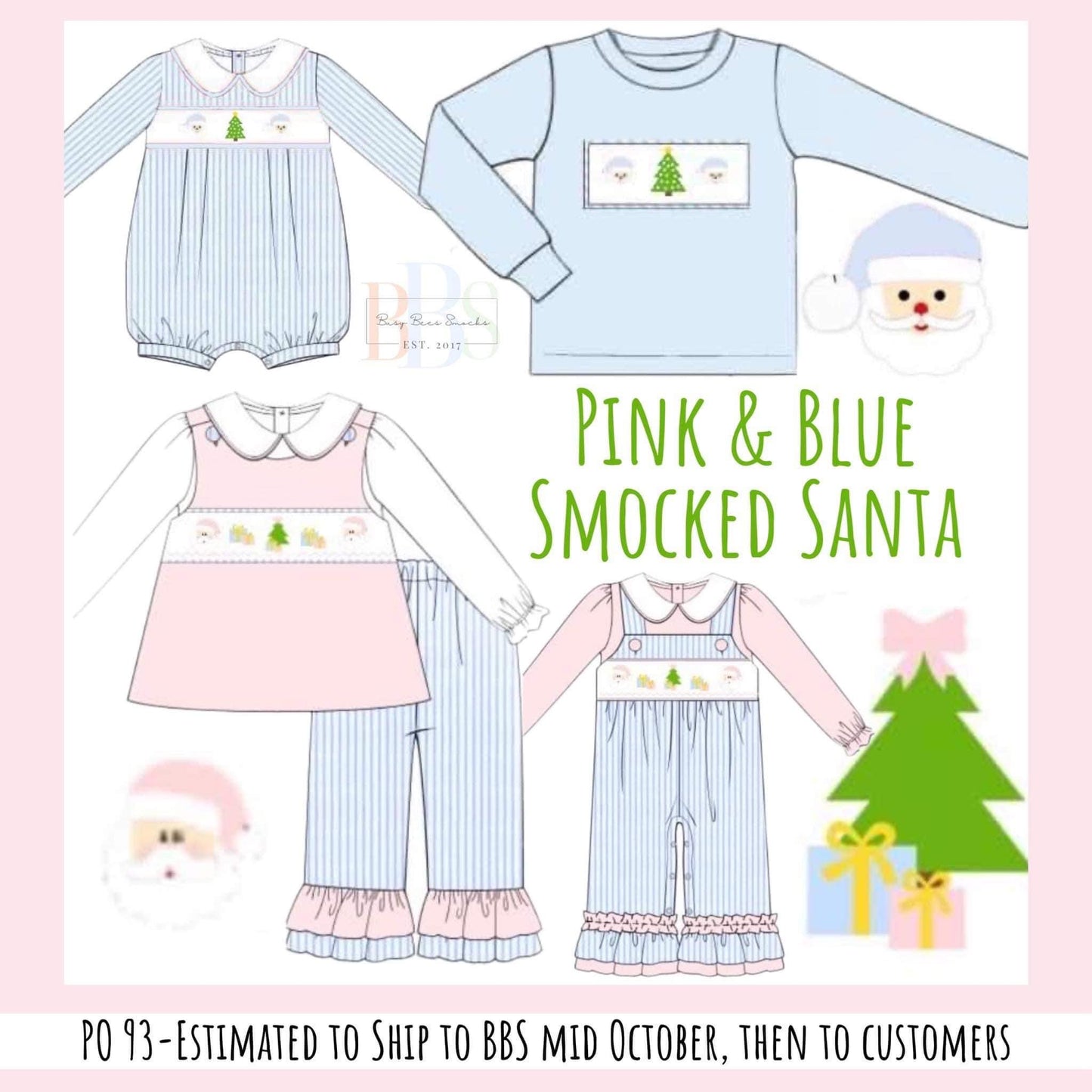 RTS: Pink & Blue Smocked Santa- Girls Woven Pant Set