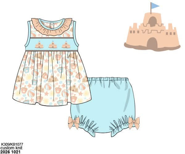 Pre Order 152: Sandcastle- Girls Smocked Bloomer Set