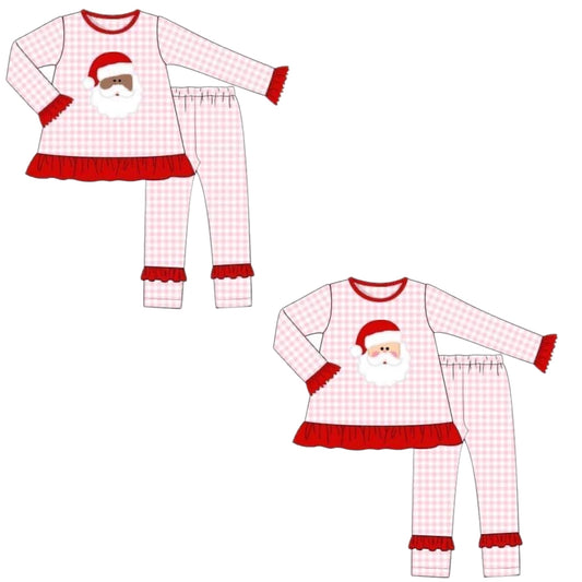 RTS: Sage & Pink Gingham Santa Applique- Girls 2pc Knit Pjs
