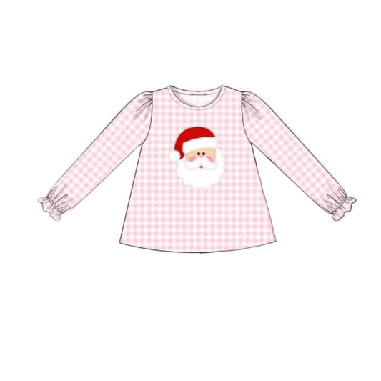 RTS: Sage & Pink Gingham Santa Applique- Girls Knit Shirt