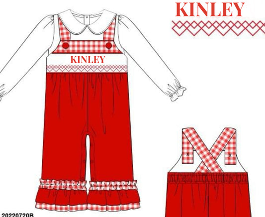 RTS: Christmas Name Smocks- Red Gingham- Girls 2pc Knit Romper "Kinley"