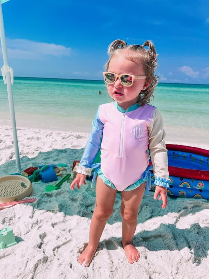 RTS: Sellers Color Block- Girls 1pc Rash Guard Swim