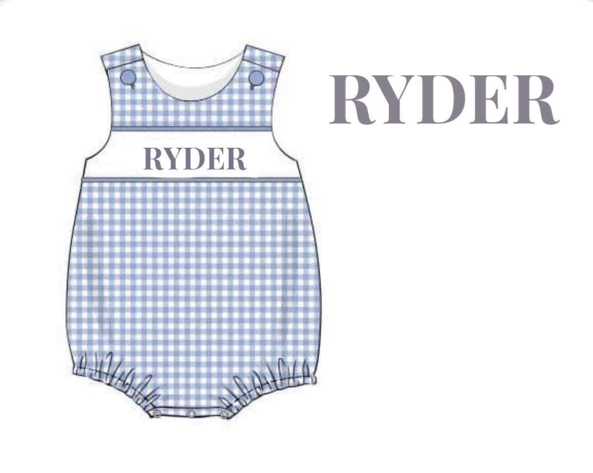 RTS: DEFECT- Boys Periwinkel & Toile Name Smock Knit Bubble "RYDER"
