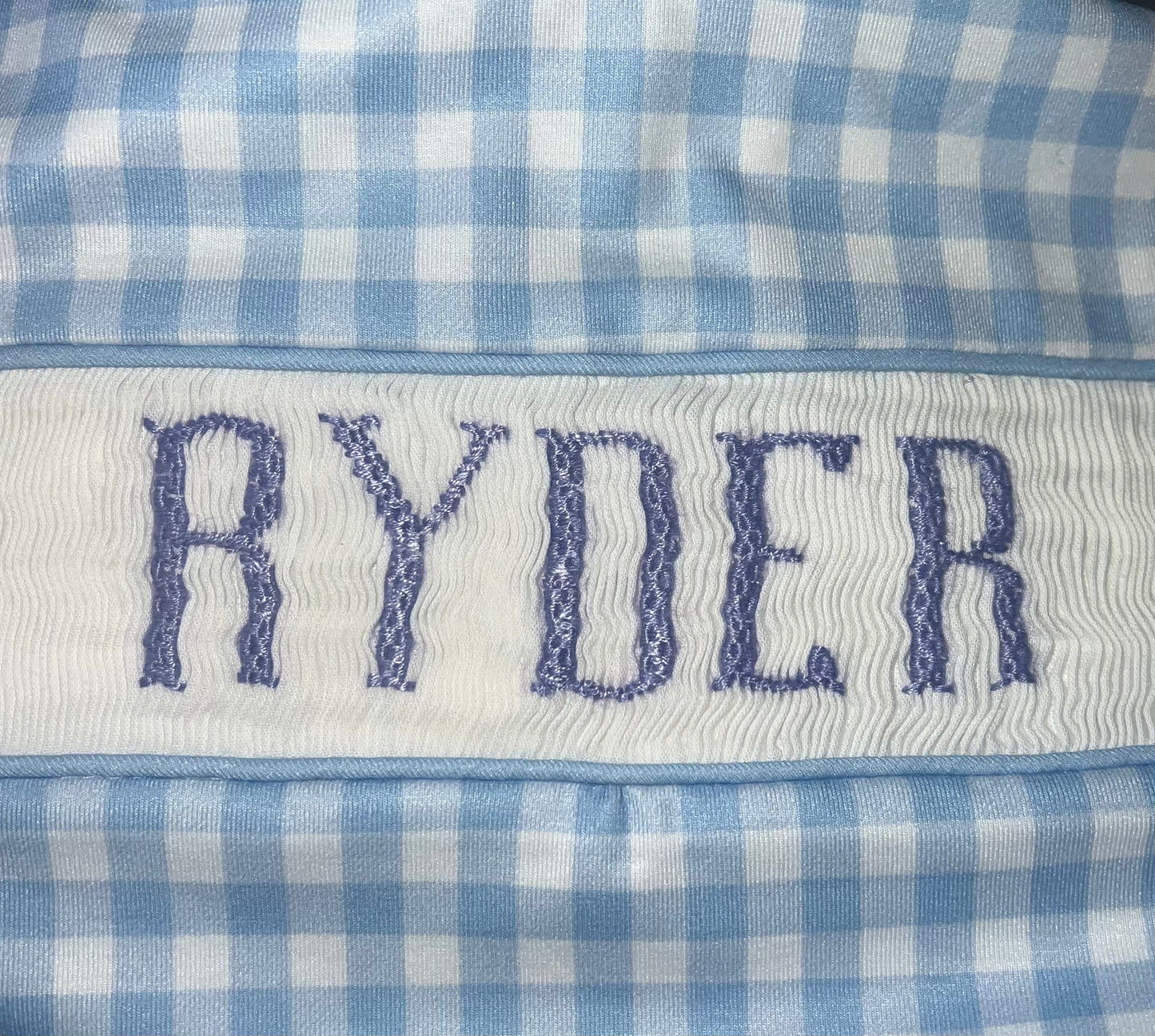 RTS: DEFECT- Boys Periwinkel & Toile Name Smock Knit Bubble "RYDER"