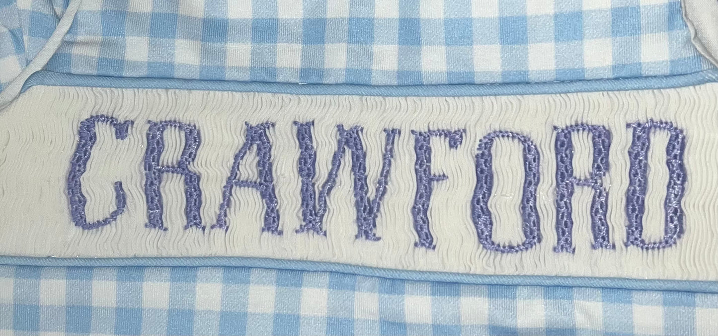 RTS: DEFECT- Boys Periwinkle Gingham & Toile Name Smock Knit Bubble "CRAWFORD"