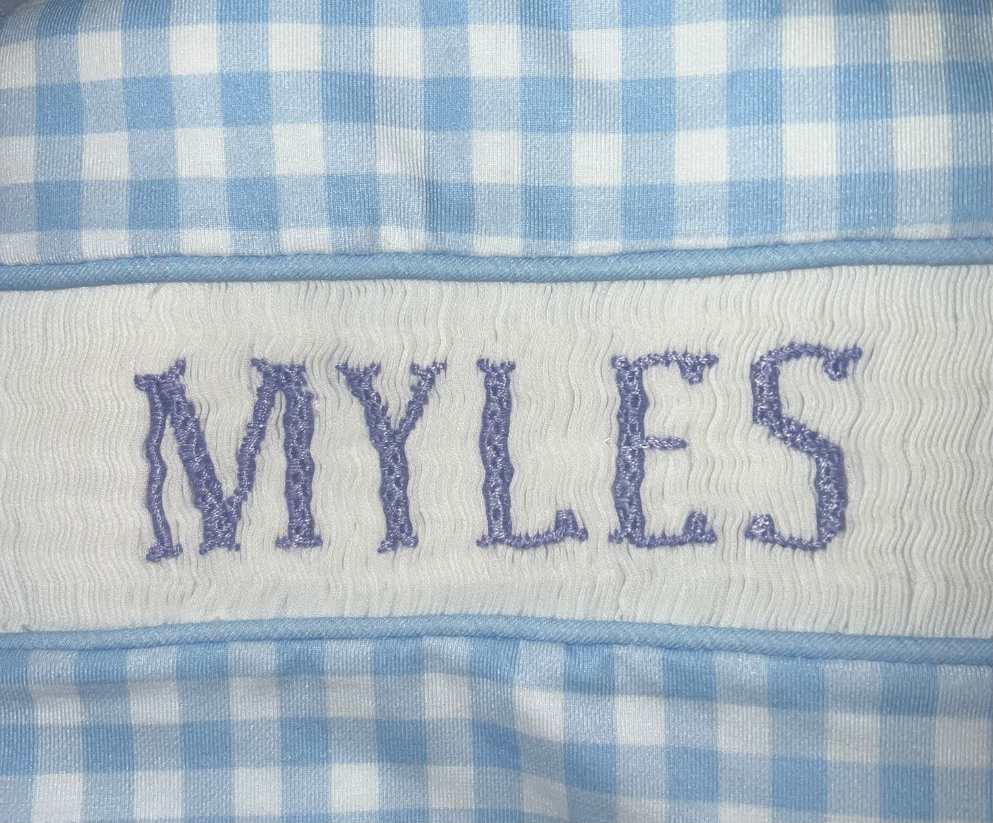 RTS: DEFECT- Boys Periwinkle Gingham & Toile Name Smock Knit Bubble "MYLES"