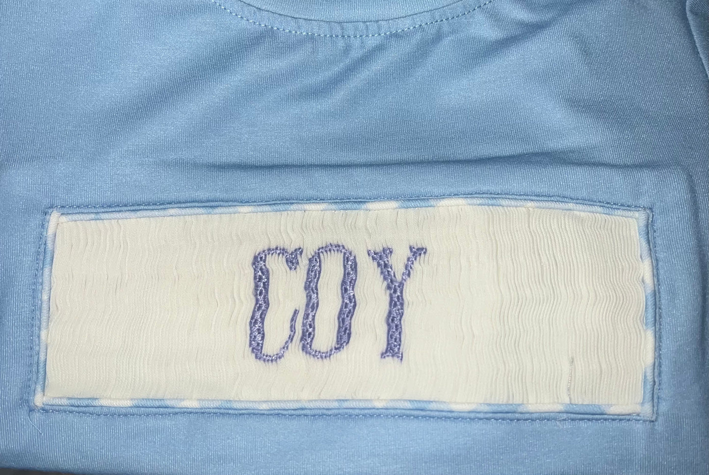 RTS: DEFECT- Boys Periwinkle & Toile Name Smock Knit Diaper Set "COY"