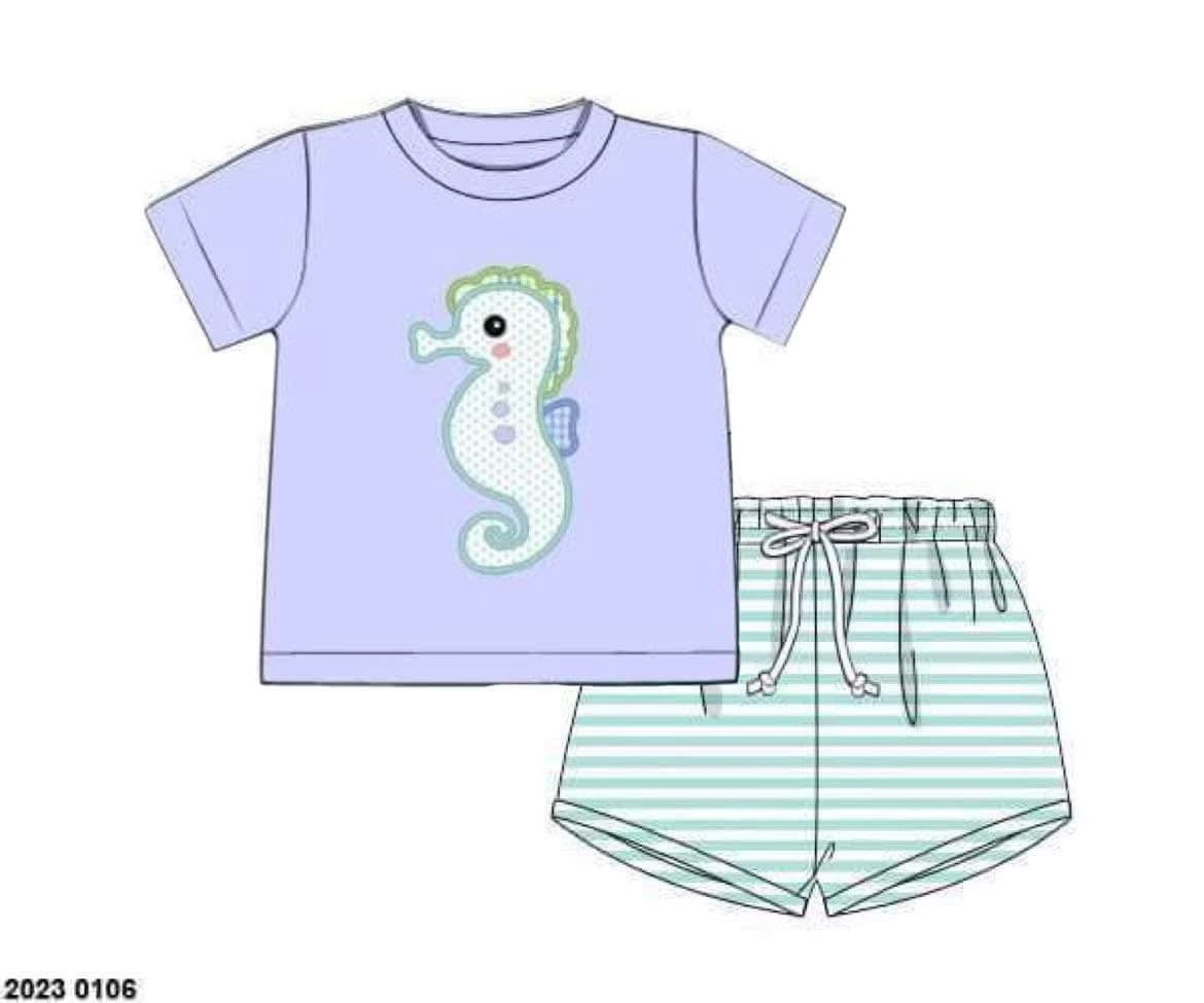 Pre Order 152: Seahorse- Boys Applique Short Set
