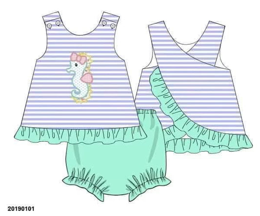 Pre Order 152: Seahorse Swim- Girls Applique Bloomer Set