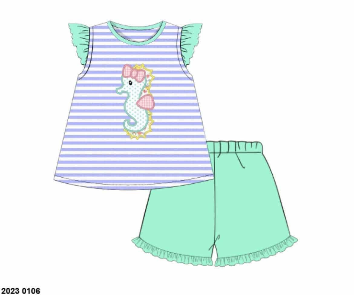 Pre Order 152: Seahorse- Girls Applique Short Set