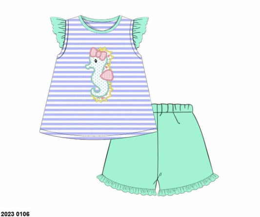 Pre Order 152: Seahorse- Girls Applique Short Set