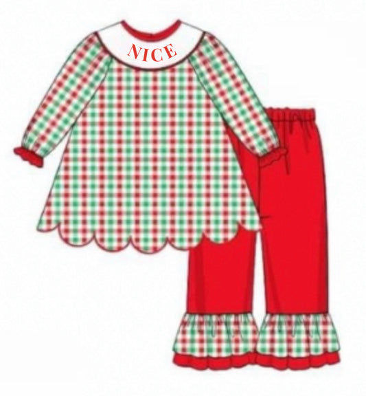 RTS: Christmas Name Smocks- Girls Festive Gingham Knit Pant Set "NICE"