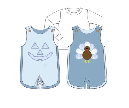 RTS: Pumpkin/Turkey- Boys 3pc Reversible Shortall
