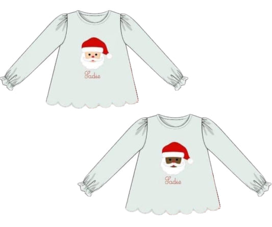 RTS: Santa Face Applique- Girls Knit Shirt (No Monogram)
