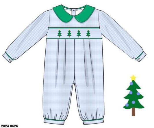 RTS: Micro Gingham Trees- Boys Woven Romper