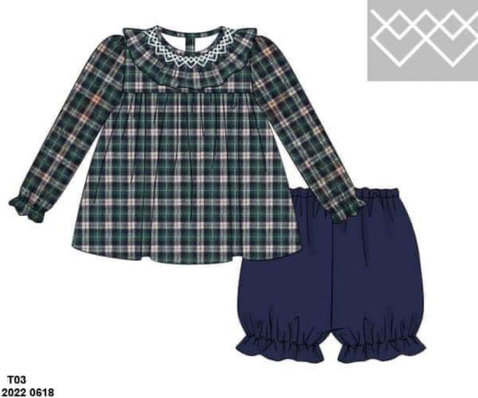 RTS: Navy Tartan Plaid- Girls Knit Bubble Short Set