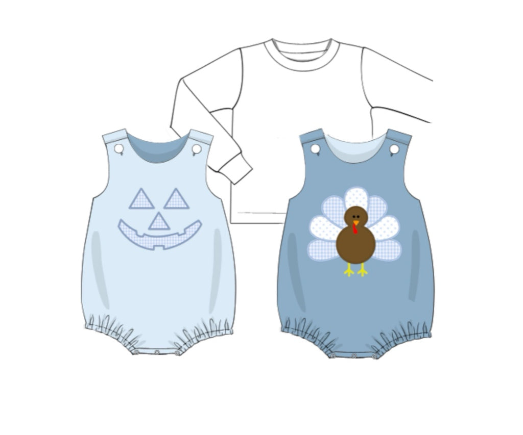 Pre Order 126: Pumpkin/Turkey- Boys 3pc Reversible Bubble