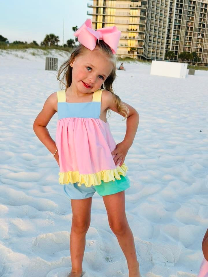 Pre Order 135: Sellers Colorblock- Girls Knit Bubble Short Set