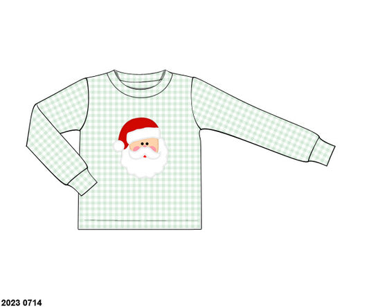 RTS: Sage & Pink Gingham Santa Applique- Boys Knit Shirt
