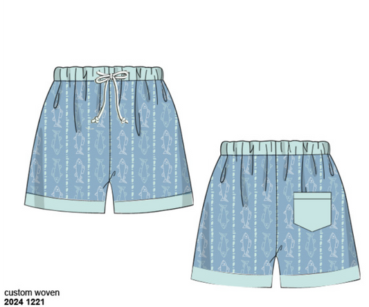 RTS: Tybee Fish- Dad/Mini Woven Traditional Swim Shorts