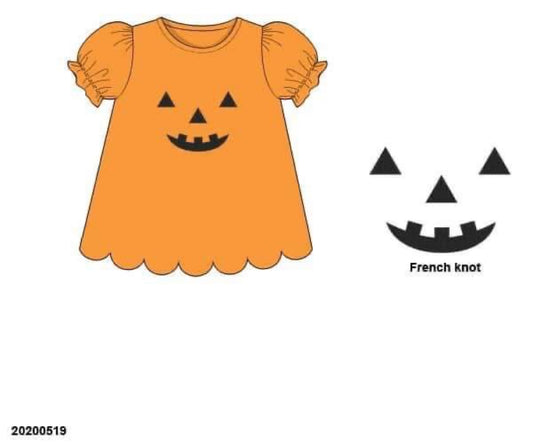 RTS: Halloween Shirt Only- Girls French Knot Jack O Lantern