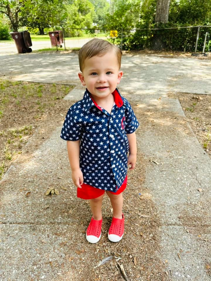 RTS: Navy Stars- Dad/Boys Woven Button Up Shirt