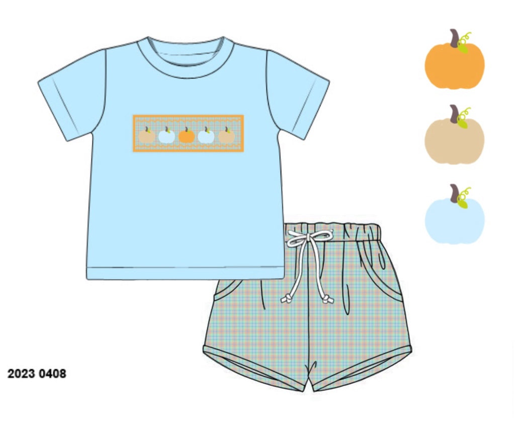 Pre Order 126: Remy's Pumpkins- Boys Woven Shortie Set