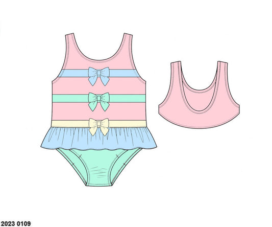 Pre Order 152: Colorblock- Girls 1pc Rashguard Bow Swim