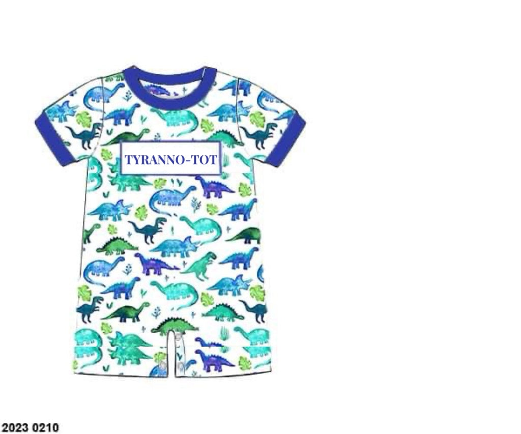 RTS: Watercolor Dinos- Boys Knit Name Smock Romper "TYRANNO-TOT"
