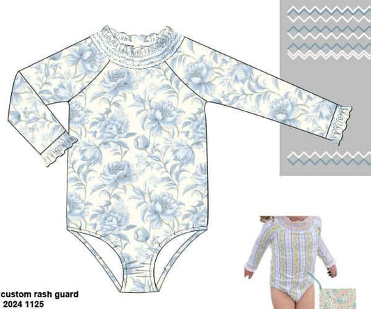 RTS: Wellington- Girls 1pc Smocked Long Sleeve Rash Guard Swim