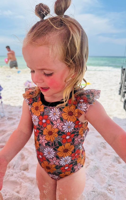 RTS: Cocoa Bay- Girls 1pc Flutter Sleeve Rash Guard Swim