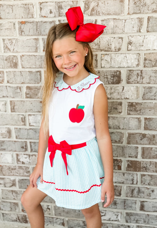 RTS: A is for Apple- Girls Seersucker Skort Set