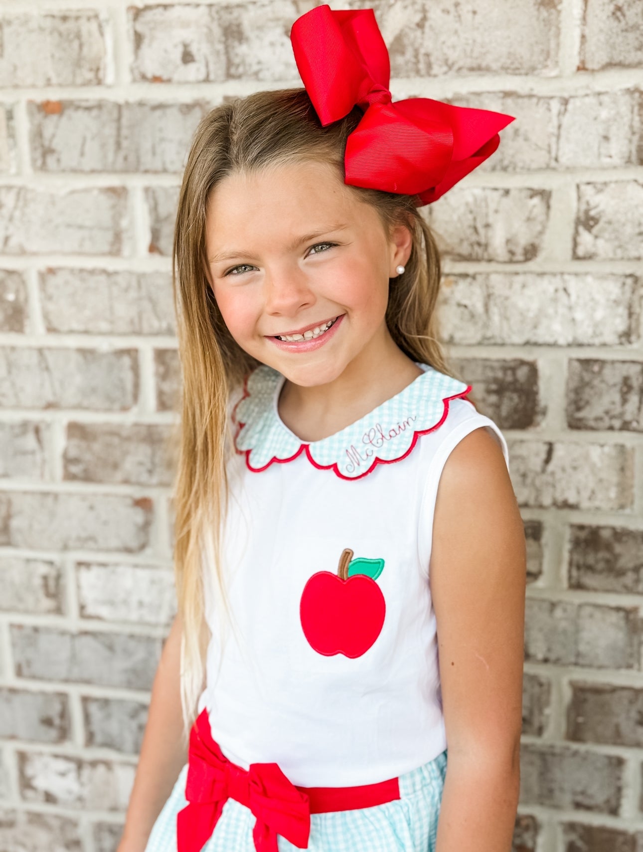 RTS: A is for Apple- Girls Seersucker Skort Set