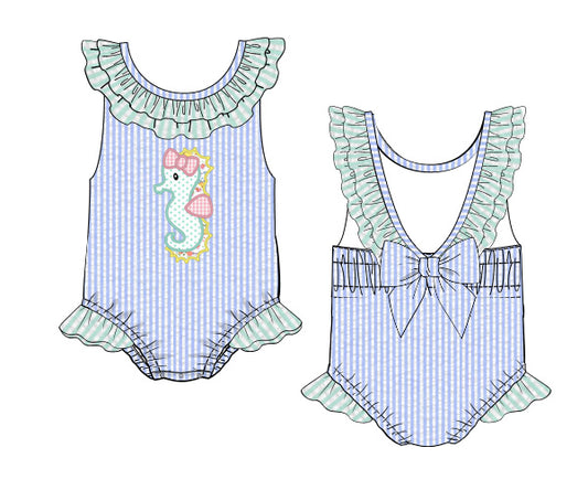 RTS: DEFECT-OG Seahorses- Girls Seersucker 1pc Swim