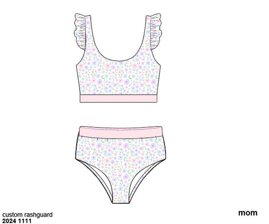 RTS: Blakely Floral & Collin Stripes- Mom 2pc Ruffle Sleeve Floral Rash Guard Swim