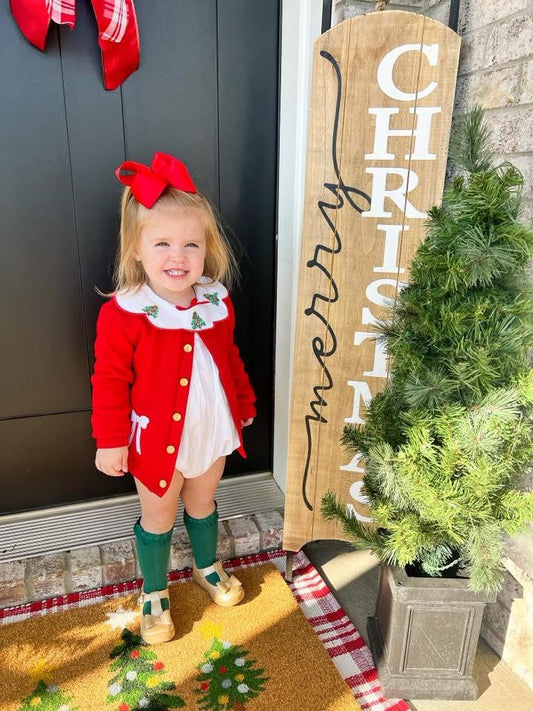 RTS: Winter Cardigans- Girls Red with White Bows