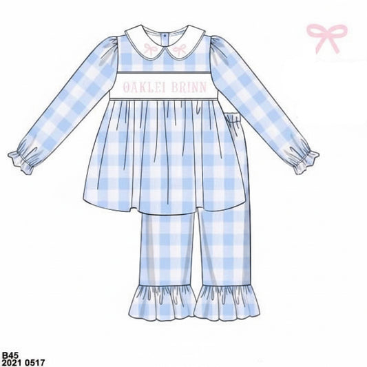 RTS: Girls Blue Check Woven Pant Set "Oaklei Brinn"