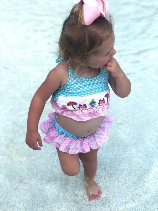 RTS: Girls Only- Beach 2pc Woven Smocked Swim